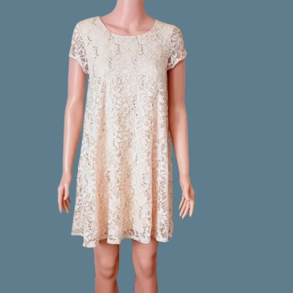 Altard State Lace Sequins Dress S A-Line Off White Cap Sleeve Lined Stretch
